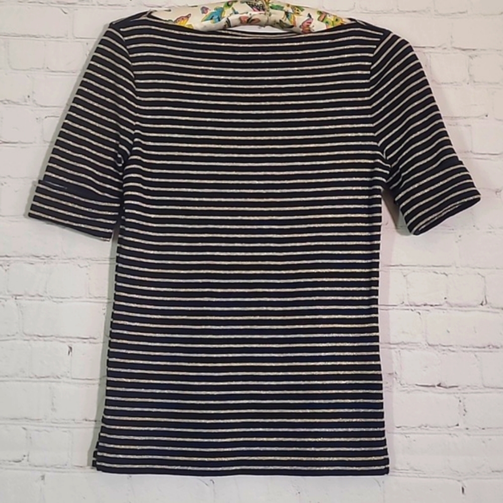 Ralph Lauren Green Tag Navy Blue & Gold Striped Quarter Sleeve Top Womens Size S - Picture 9 of 12